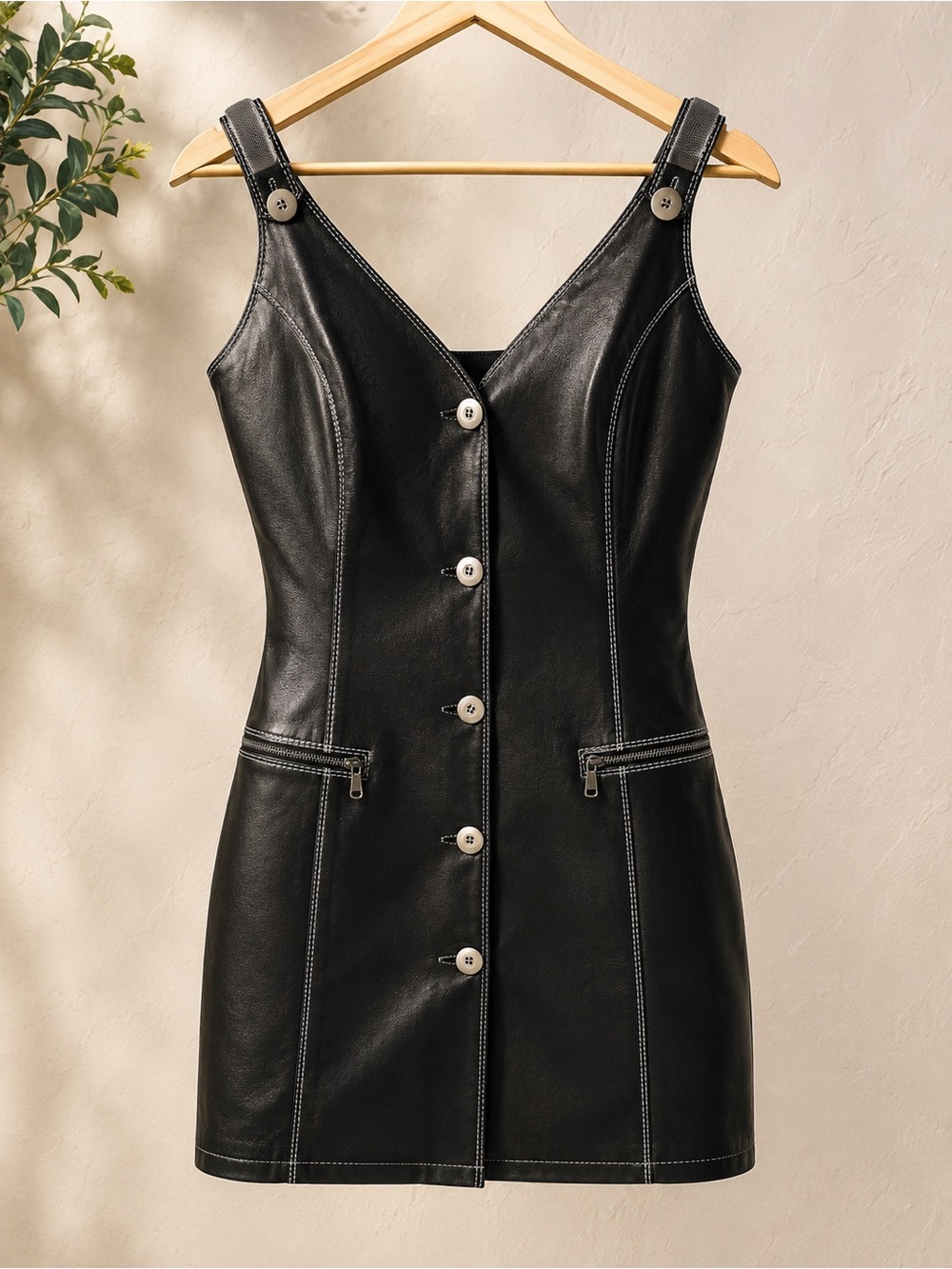 Black Faux Leather Button-Front Mini Dress with Zip Pockets